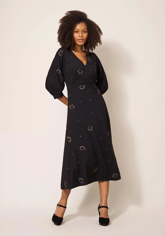 White Stuff Megan Embroidered Jersey Midi Dress, Black