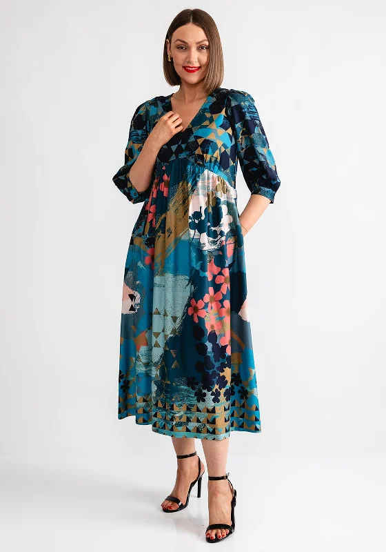 White Stuff Lucy Multi-Print Midi Smock Dress, Teal Blue