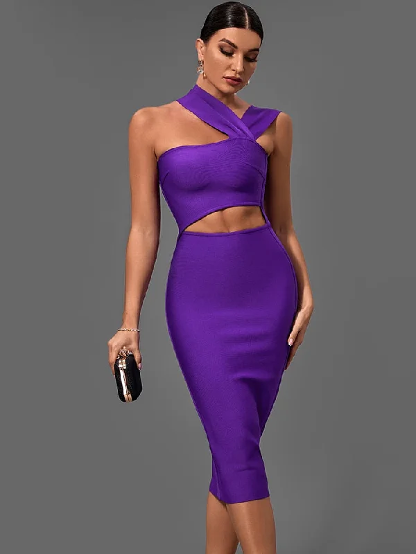 Women Bandage Dress Purple Cut Out Midi Club Outfit