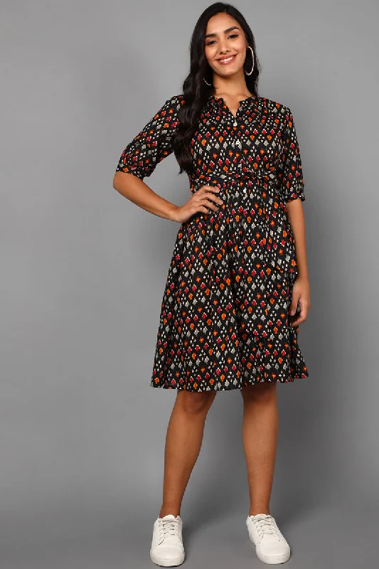 Women's Black Cotton Abstract Print Midi Dress - Rasiya