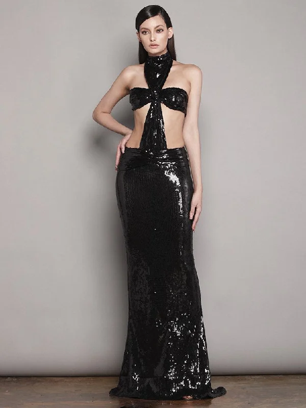 Women's Black Sequin Cut-Out Backless Long Party Dress