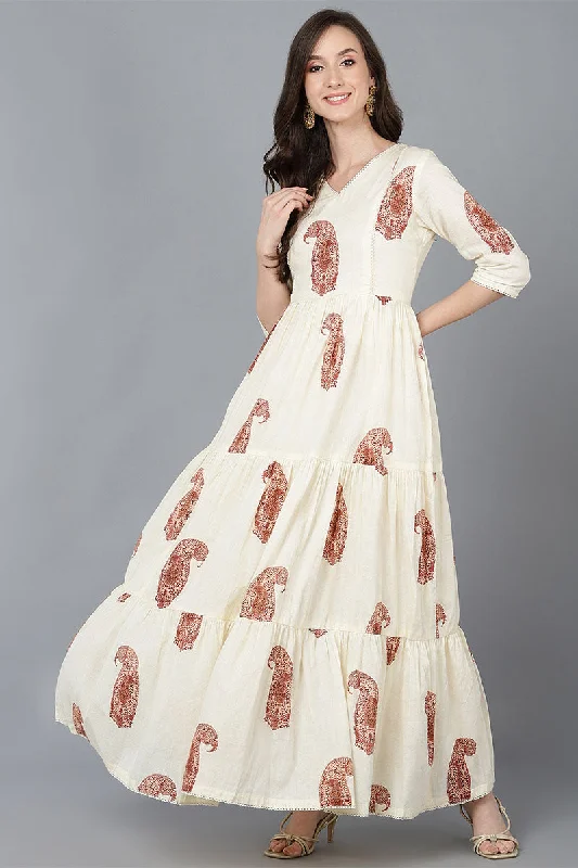 Women's Cream Cotton Solid Ethnic Motifs Maxi Dress - Rasiya