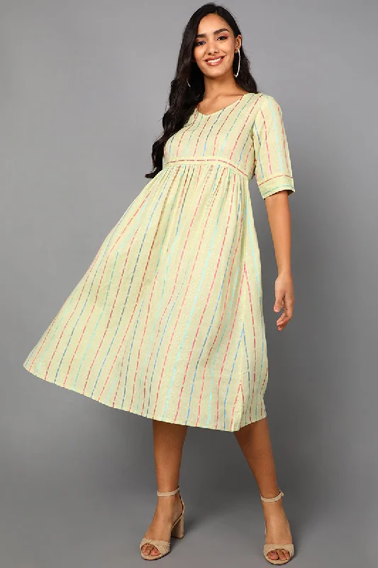 Women's Cream Cotton Striped Midi Dress - Rasiya