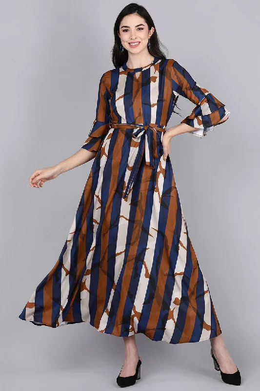 Women's Multicolor Polyester Striped Flared Maxi Dress - Rasiya