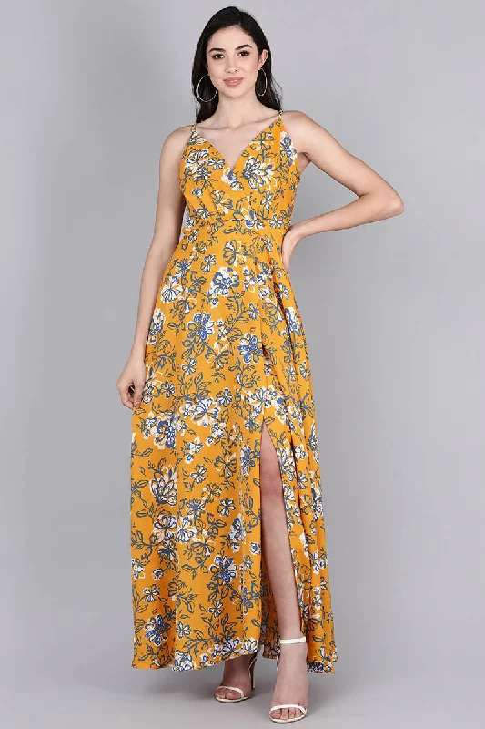 Women's Mustard Polyester Floral Print Flared Maxi Dress - Rasiya