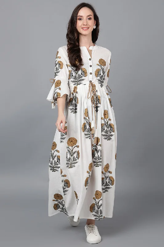 Women's Off White Cotton Floral Maxi Dress - Rasiya