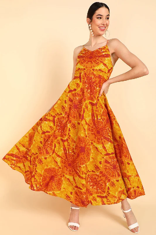 Women's Orange Cotton Tie-Dyed Maxi Dress - Rasiya