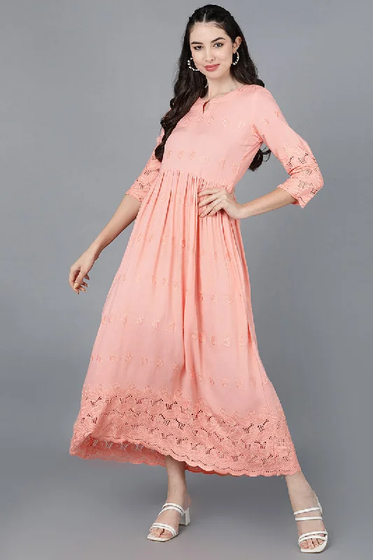 Women's Peach Viscose Rayon Solid Flared Maxi Dress - Rasiya