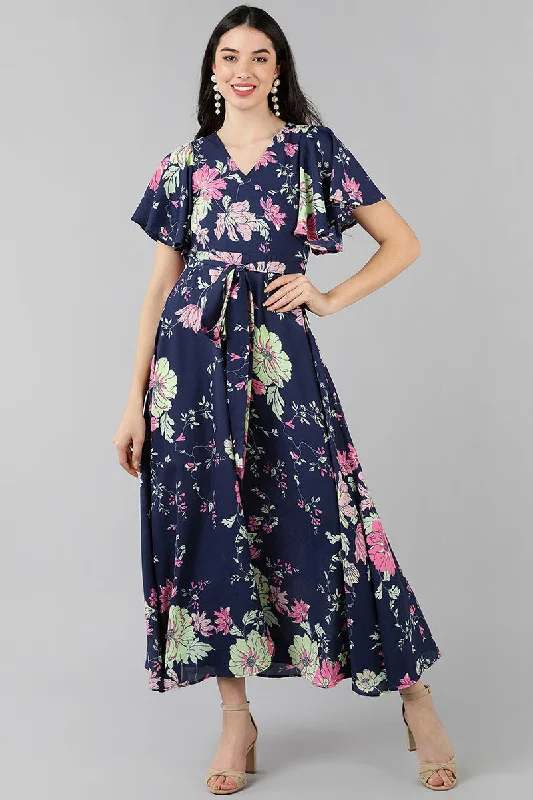 Women's Purple Georgette Floral Printed Flared Maxi Dress - Rasiya