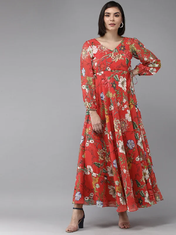 Women's Red Floral Geogette Maxi Dress - Bhama