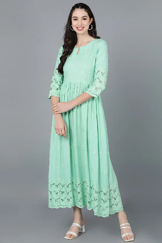 Women's Sea Green Viscose Rayon Solid Flared Maxi Dress - Rasiya