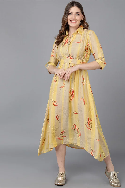 Women's Yellow Crepe Floral Print Midi Dress - Rasiya