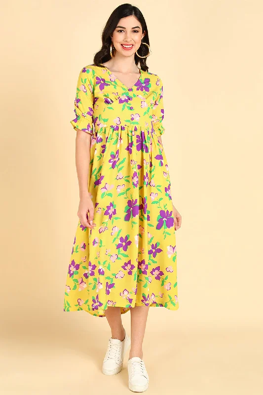 Women's Yellow Georgette Floral Printed Maxi Dress - Rasiya