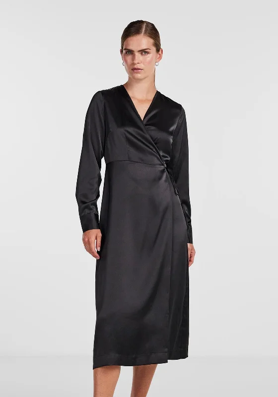 Y.A.S Pella Satin Wrap Midi Dress, Black