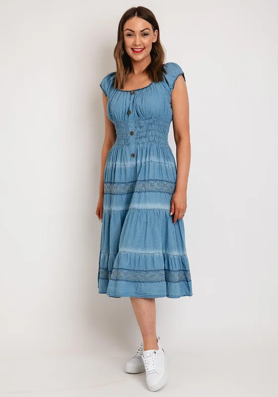 Serafina Collection One Size Shirred Waist Midi Denim Dress, Light Denim