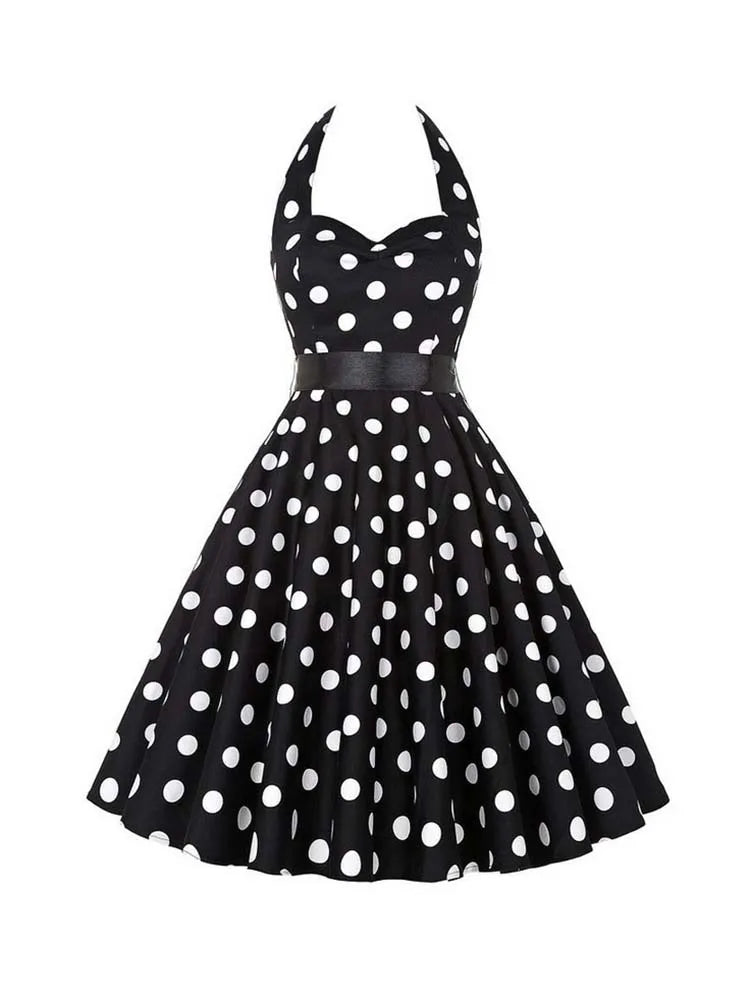 Polka Dot Dress Women Vintage Swing Halter Belt 50s 60s Rockabilly Prom Party Dresses Retro Feminino Vestidos