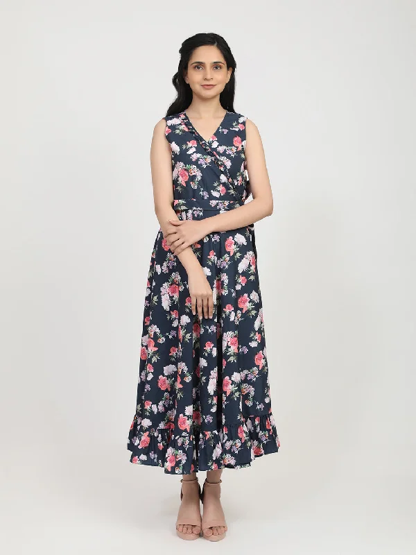 Women's Navy Blue Floral Crepe Maxi Dress - Bhama