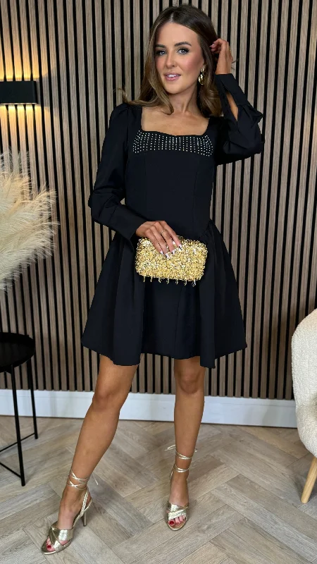 Weekend Wonders Clora Black Square Neck Embellished Detail Mini Skater Dress