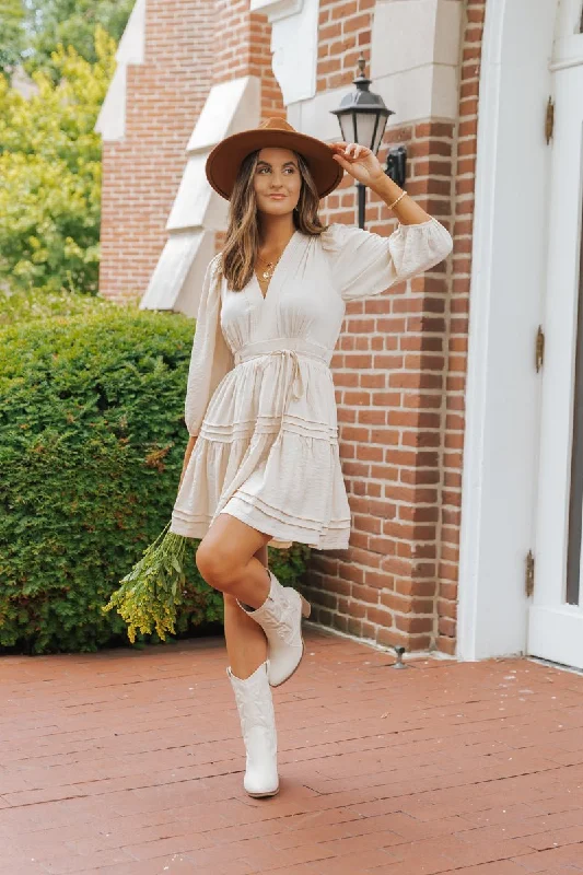 Unbeatable Flash Deals Natural Pin-tuck Tie Waist Mini Dress - FINAL SALE