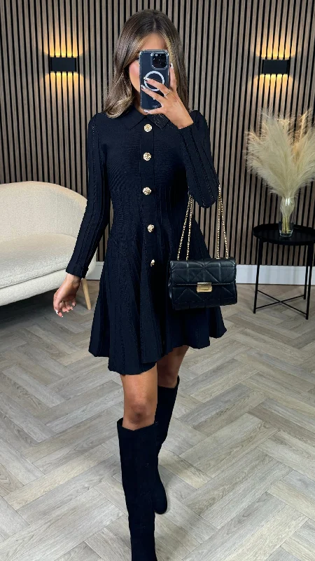 Limited-Time Deal Nessa Black Button Down Collared Knit Mini Dress