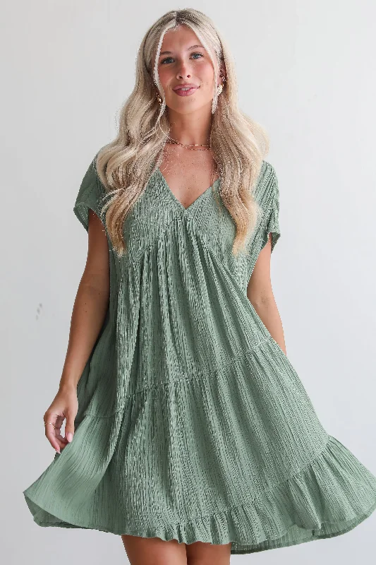 Massive Savings Event FINAL SALE - Pleasant Personality Olive Tiered Mini Dress