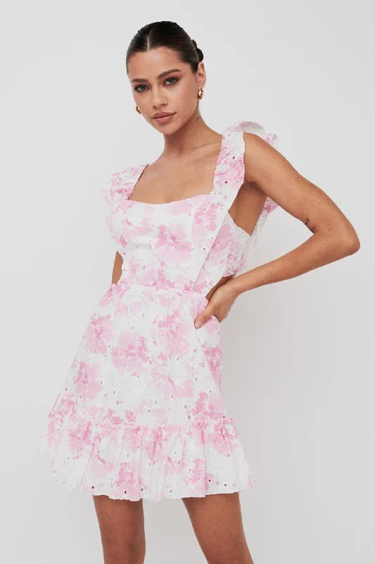 Porcia Tied Back Frill Dress Floral Pink