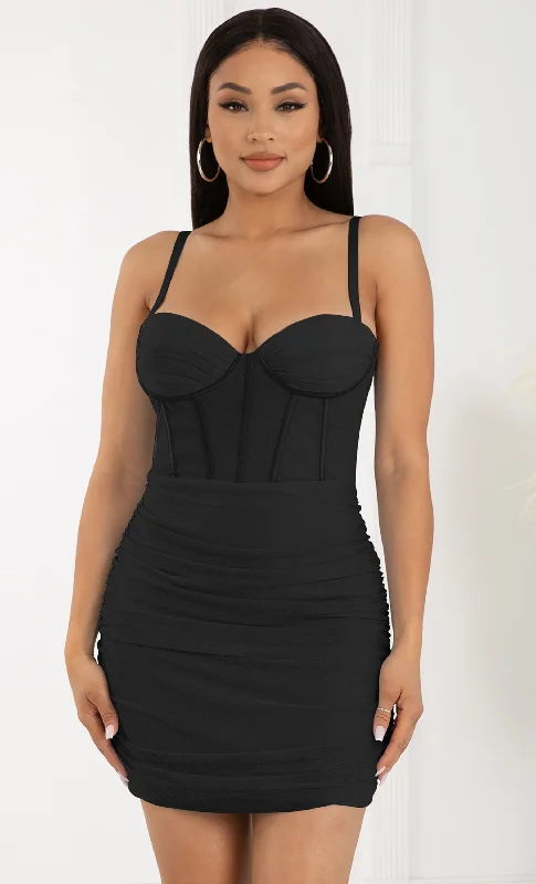 Around The Town Black Spaghetti Strap Sleeveless Bustier Mesh Ruched Bodycon Mini Dress