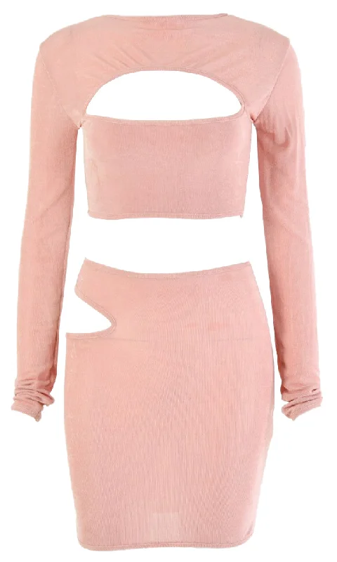 At A Moment's Notice Pink Long Sleeve Round Neck Cut Out Crop Top Bodycon Mini Skirt Two Piece Dress