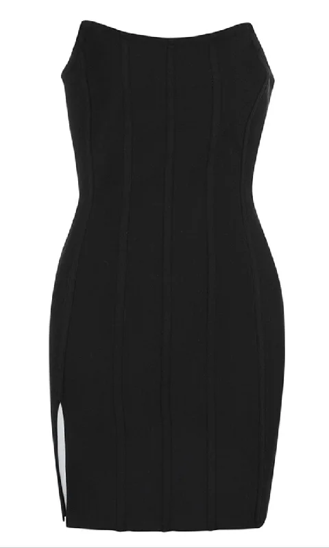 Atlantic City Nights Black Strapless Scoop Neck Side Slit Bodycon Bandage Mini Dress