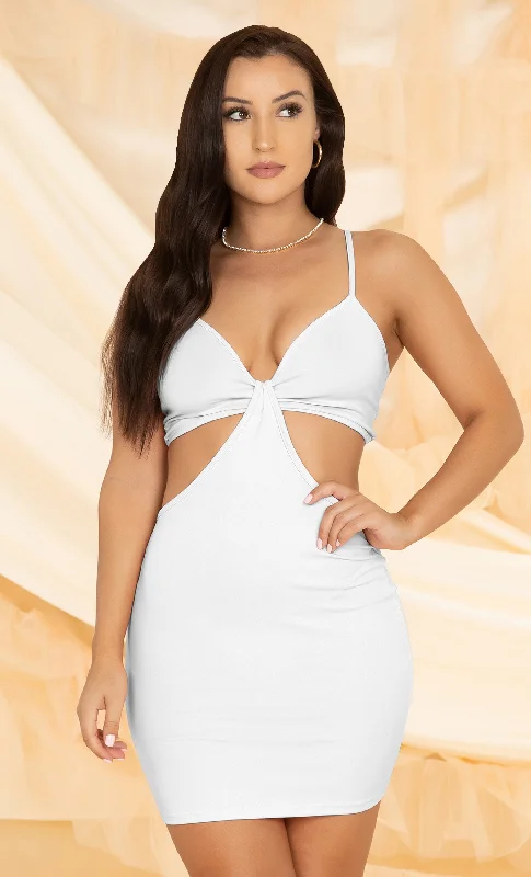 Beachy Baby <br><span>White Stretch Cut Out Waist Mini Spaghetti Strap V Neck Bodycon Mini Dress</span>