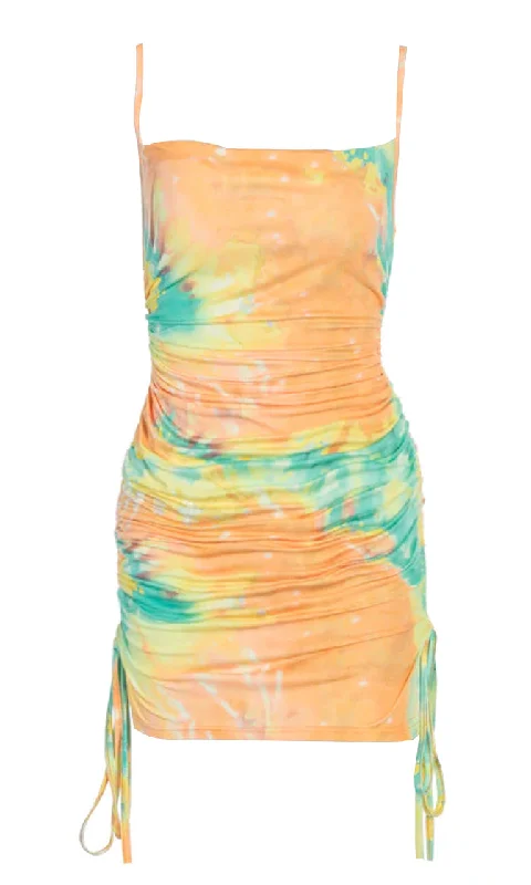 Citrus Kisses Orange Green Tie Dye Pattern Sleeveless Spaghetti Strap Square Neck Ruched Drawstring Bodycon Mini Dress