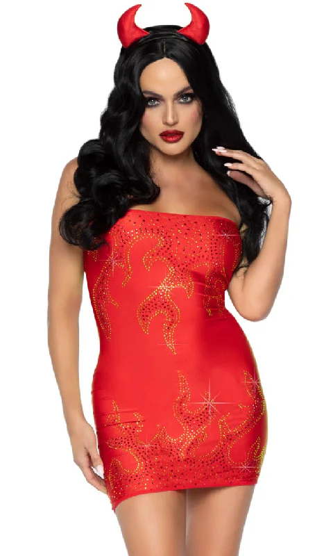 Devilish Charm <br><span>Red Rhinestone Strapless Bodycon Mini Dress 3 Piece Halloween Costume</span>