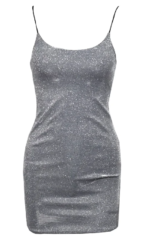 Disco Fever Silver Grey Shiny Lurex Glitter Sleeveless Spaghetti Strap Scoop Neck Bodycon Mini Dress