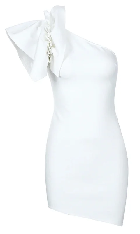 Embraceable You White One Shoulder Ruffle Cap Sleeve Asymmetric Hem Bodycon Bandage Mini Dress