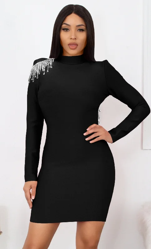 Fatal Attraction Black Bandage Long Sleeve Cut Out Open Back Rhinestone Fringe Bodycon Mini Dress