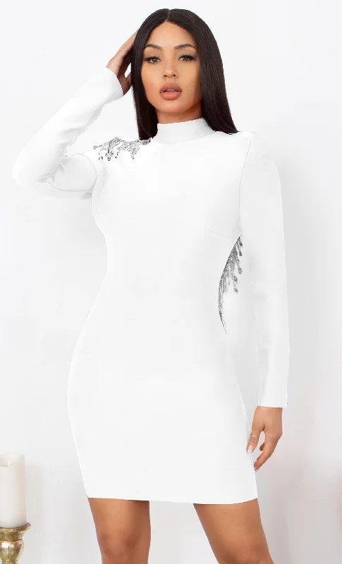 Fatal Attraction White Bandage Long Sleeve Cut Out Open Back Rhinestone Fringe Bodycon Mini Dress