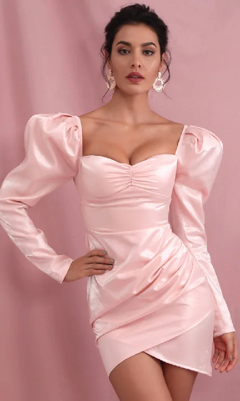 Flashback Friday Light Pink Long Sleeve Puff Shoulder Sweetheart Neck Drape Bodycon Mini Dress