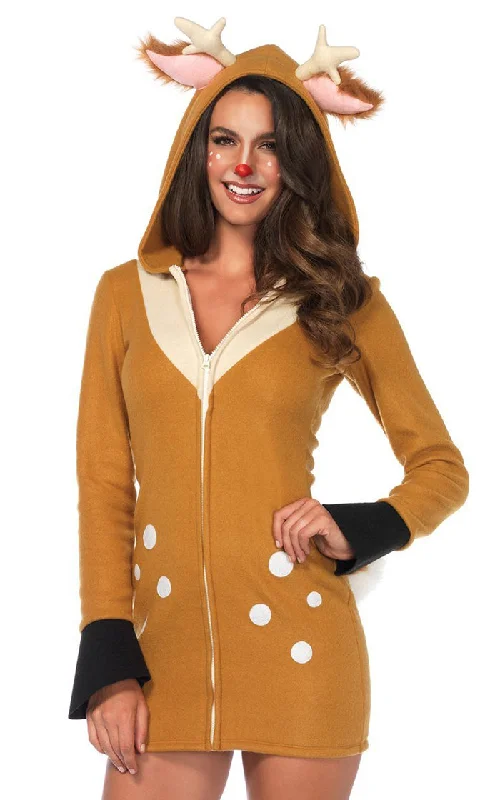 Frisky Fawn <br><span>Brown Fleece Long Sleeve Zipper Antler Hood Bodycon Mini Dress Halloween Costume</span>