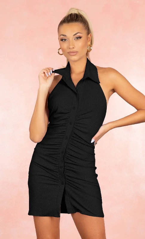 Girl Talk Black Collared Button Down Sleeveless V Neck Ribbed Backless Ruched Bodycon Mini Dress