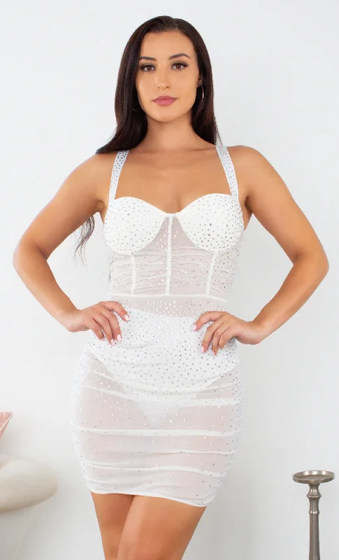 Glimmering Nights White Rhinestone Crystal Sheer Mesh Sleeveless Spaghetti Strap Bustier Bodycon Ruched Mini Dress