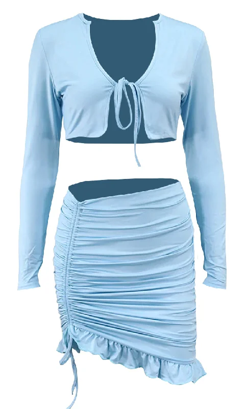 I Get It Long Sleeve V Neck Tie Front Crop Top Bodycon Ruffle Ruched Casual Two Piece Mini Dress