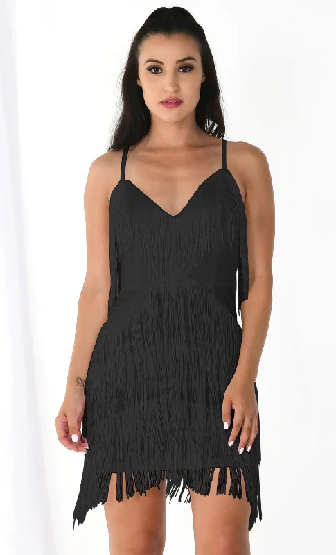 I'm Feeling Something Black Sleeveless Spaghetti Strap Fringe Tassel V Neck Bodycon Mini Dress