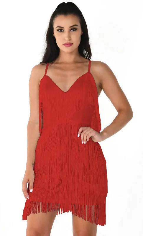 I'm Feeling Something Red Sleeveless Spaghetti Strap Fringe Tassel V Neck Bodycon Mini Dress