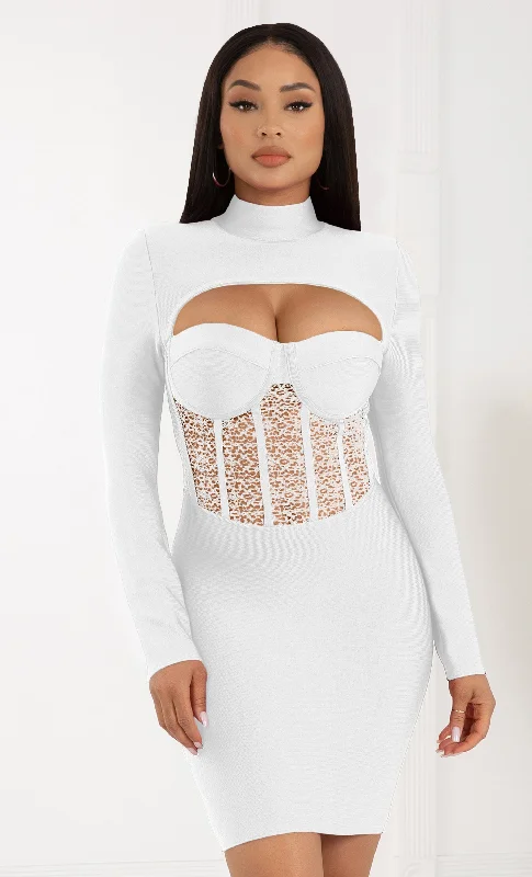 Intoxicating Love White Bustier Sheer Mesh Lace Cut Out Long Sleeve Mock Neck Bandage Bodycon Mini Dress