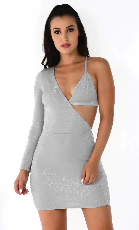 I've Got A Secret Silver Stretchy Lurex Metallic Glitter One Long Sleeve Bra Top Cut Out Side Bodycon Mini Dress