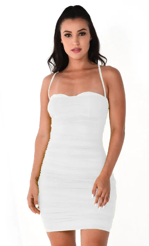 Light Bright White Sheer Mesh Sleeveless Spaghetti Strap Straight Neckline Ruched Bodycon Mini Dress