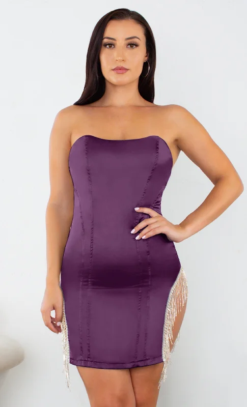 Love Me Better Purple Satin Bustier Strapless Rhinestone Cut Out Sides Fringe Bodycon Mini Dress - 2 Colors Available