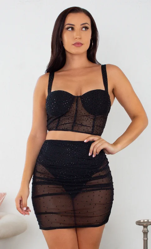 Midnight Desire Sheer Mesh Rhinestone Sleeveless V Neck Bustier Crop Top Two Piece Bodycon Mini Dress - 2 Colors Available