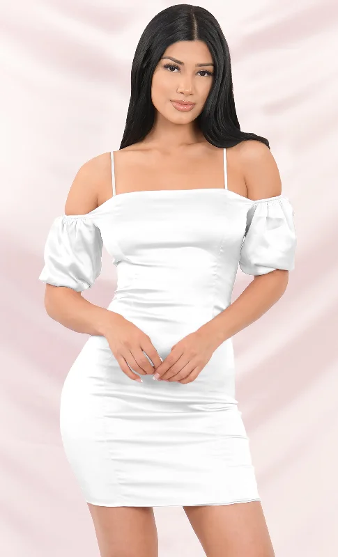 Midsummer Dream White Off The Shoulder Puff Short Sleeve Spaghetti Strap Satin Bodycon Mini Dress