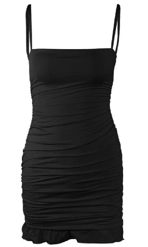 Miss You Baby Black Sleeveless Spaghetti Strap Square Neck Ruched Ruffle Bodycon Mini Dress